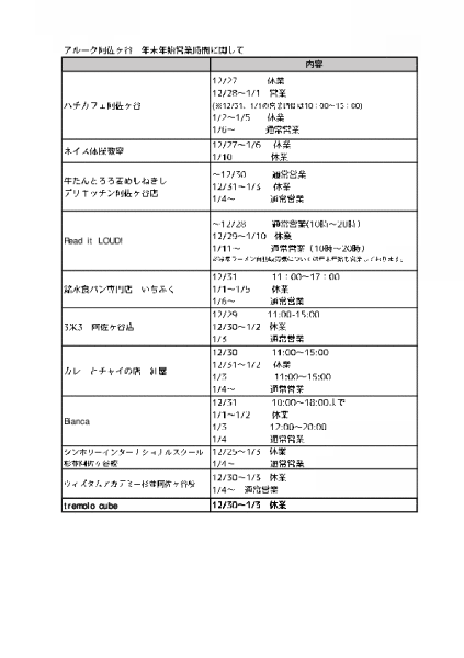 アルーク阿佐ヶ谷　年末年始の営業時間のご案内イメージ